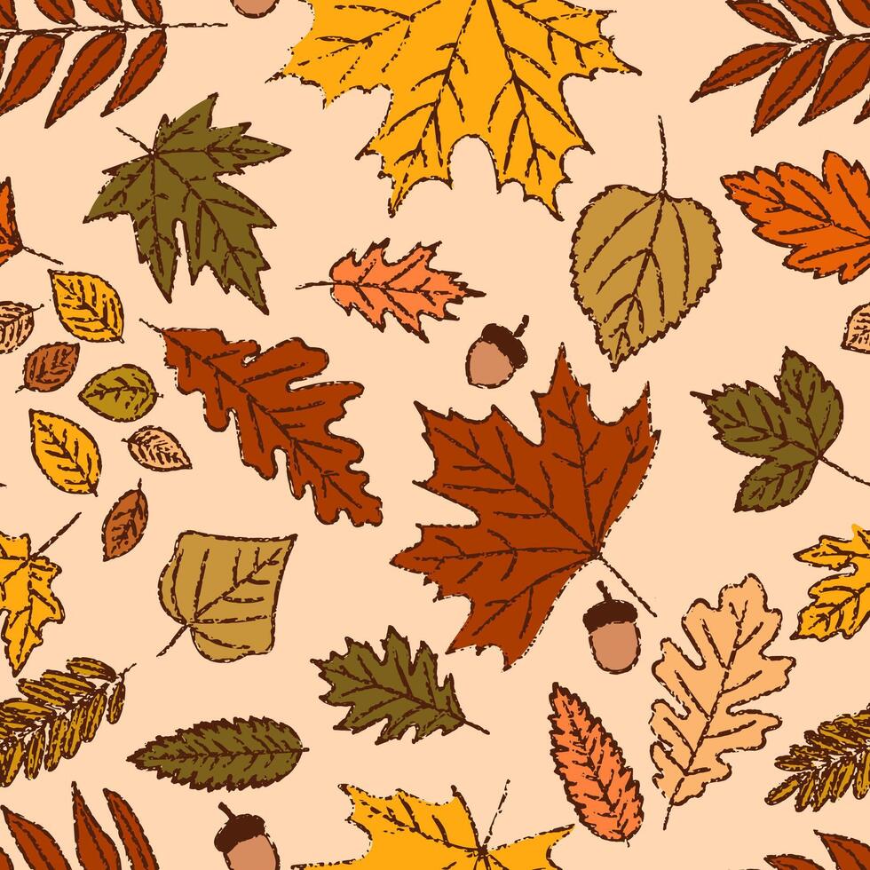 A seamless chalk pattern of multicolored autumn leaves, including maple and oak, in red, yellow, orange, and green. The hand drawn design fall doodles and pastel sketches. Not AI. vector