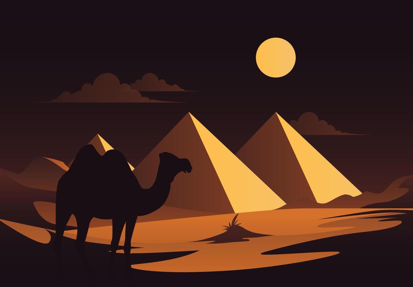 Illustration of a desert at night, featuring a camel silhouette riding across sand dunes with a sunset and a dune in the background. This scene captures Middle Eastern and African culture. Not ai. vector