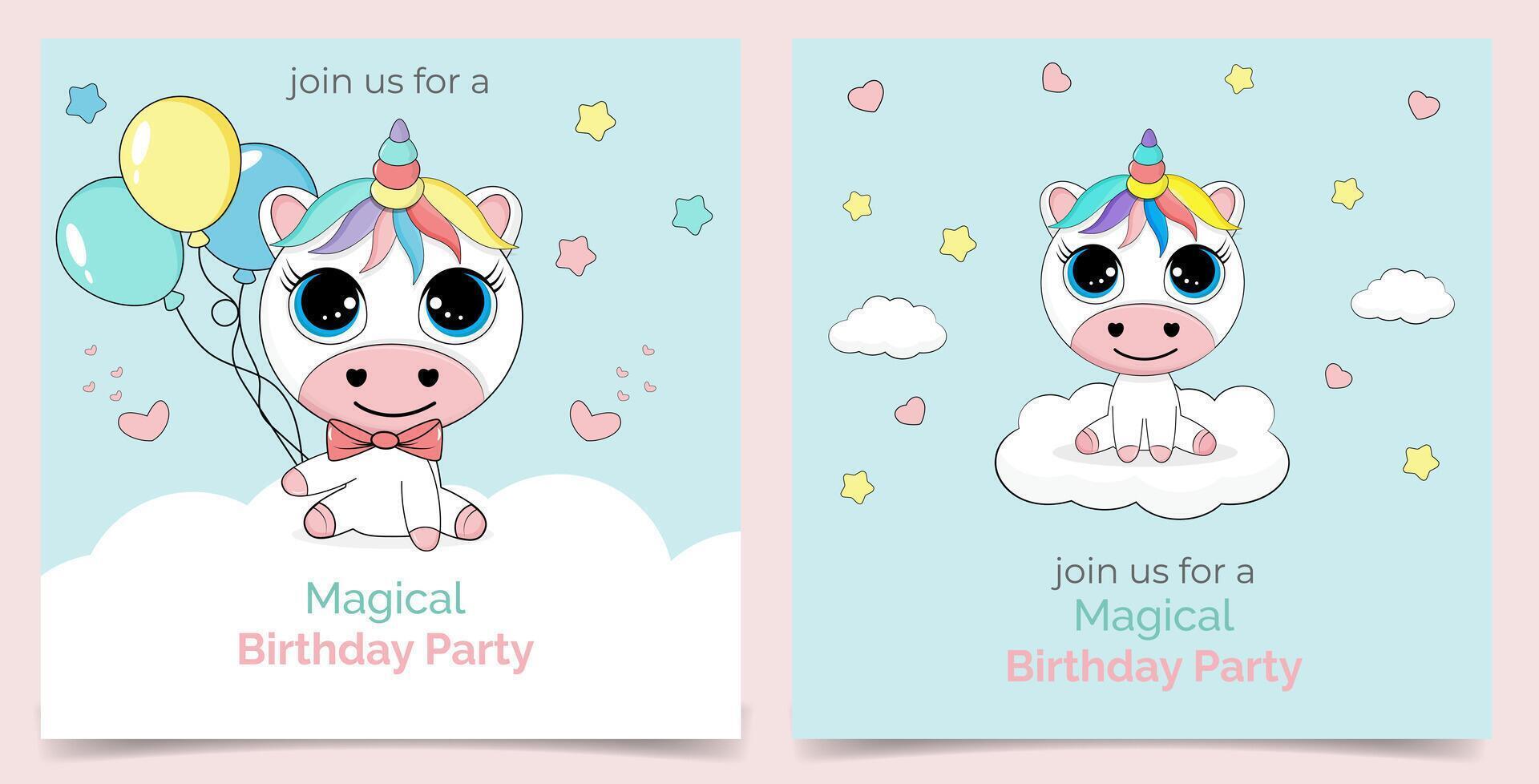 Children's party invitation with cute unicorn set. Kids birthday greeting card. vector