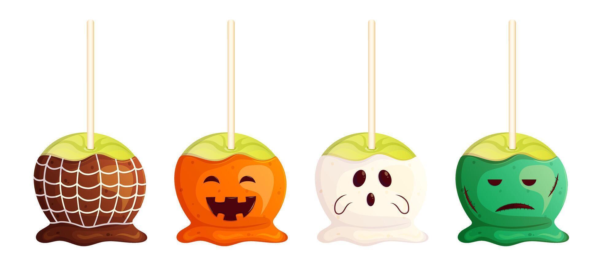 Halloween traditional spooky sweets apples in caramel set isolated on white. Spider web, pumpkin, ghost, zombie decorated. vector