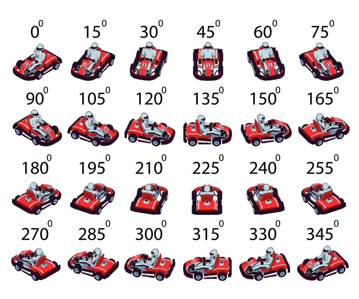A set of 24 pixel superkart from different angles. vector