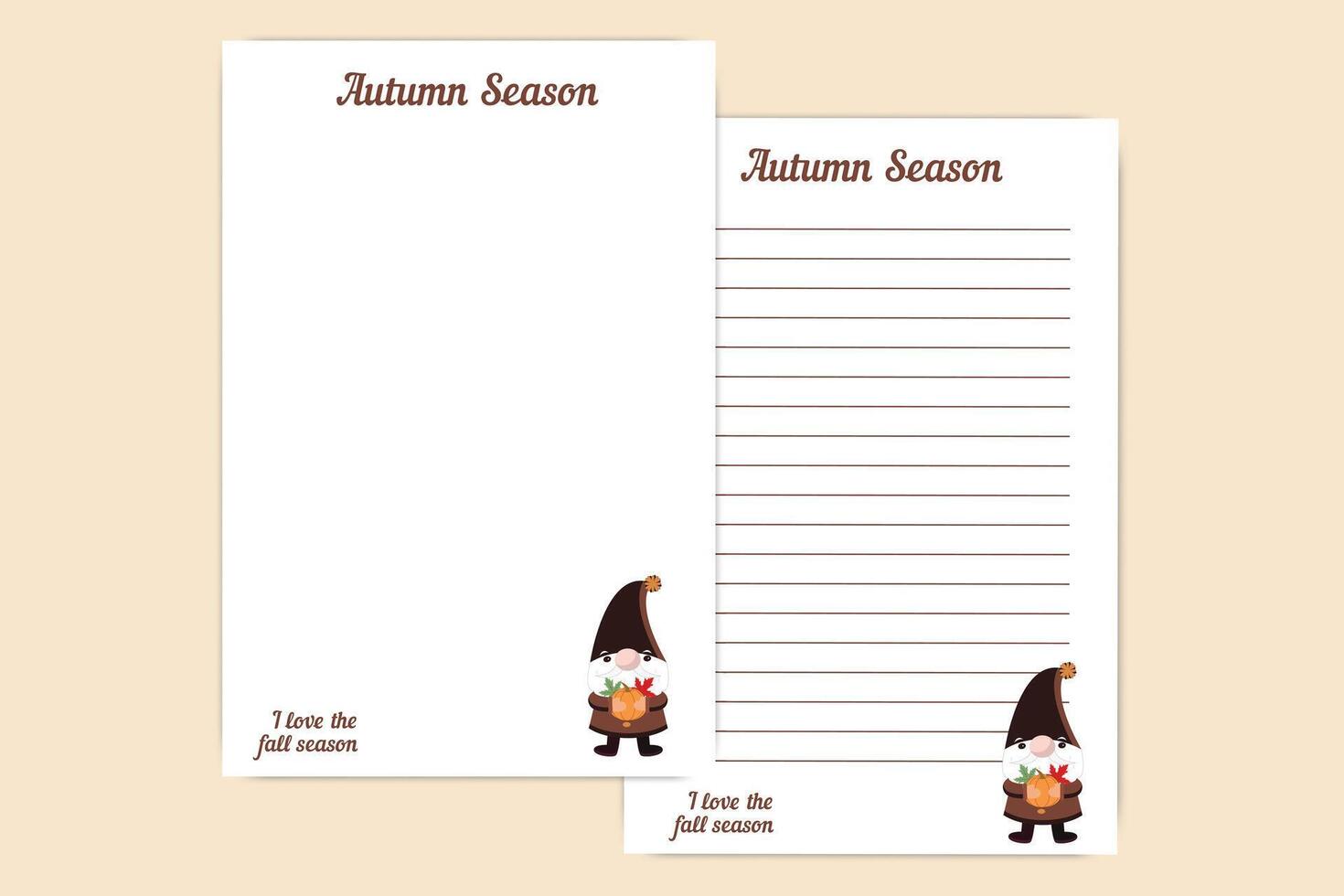 Autumn stationery set featuring a gnome holding a pumpkin and leaves, with blank and lined pages for letters and notes vector