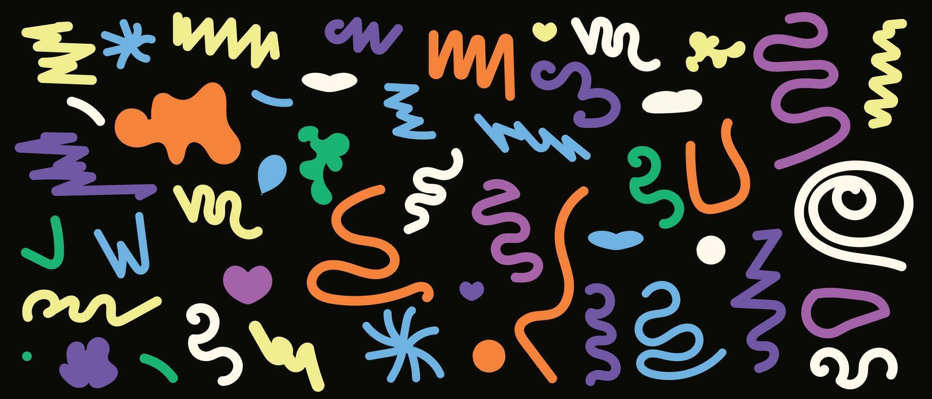 Colorful abstract swirls and shapes in a playful pattern on a black background. Cute cartoon doodles. vector