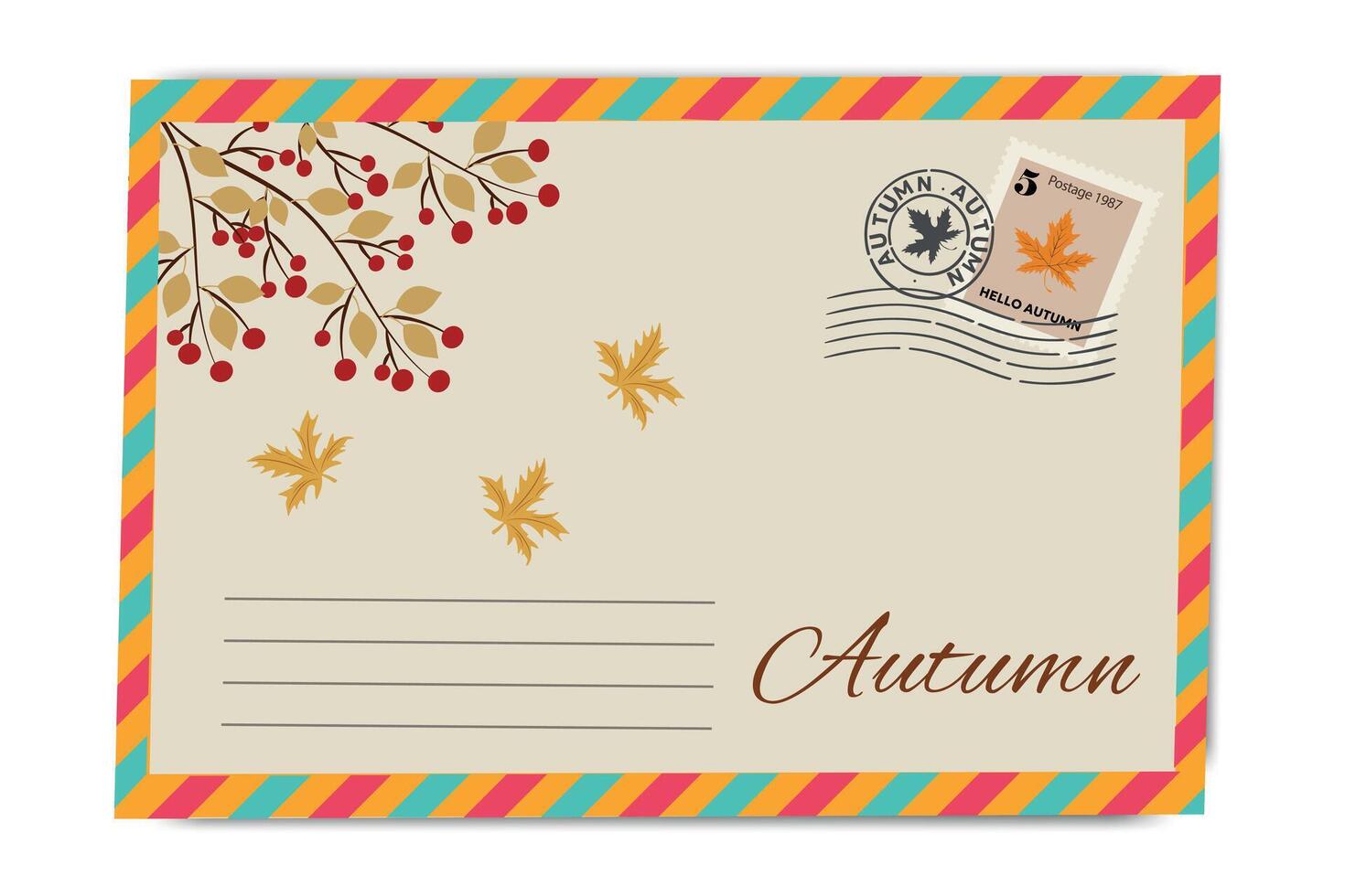 Vintage autumn postcard design with falling leaves, berries, and decorative retro envelope border style vector