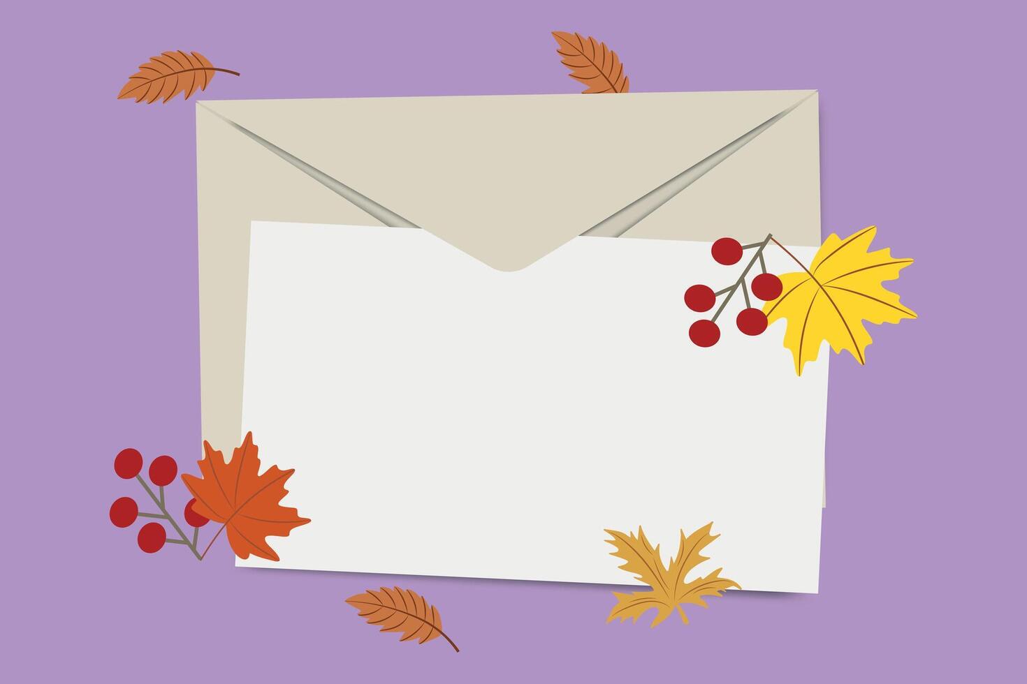 Autumn envelope and blank card with colorful leaves and berries on a purple background vector