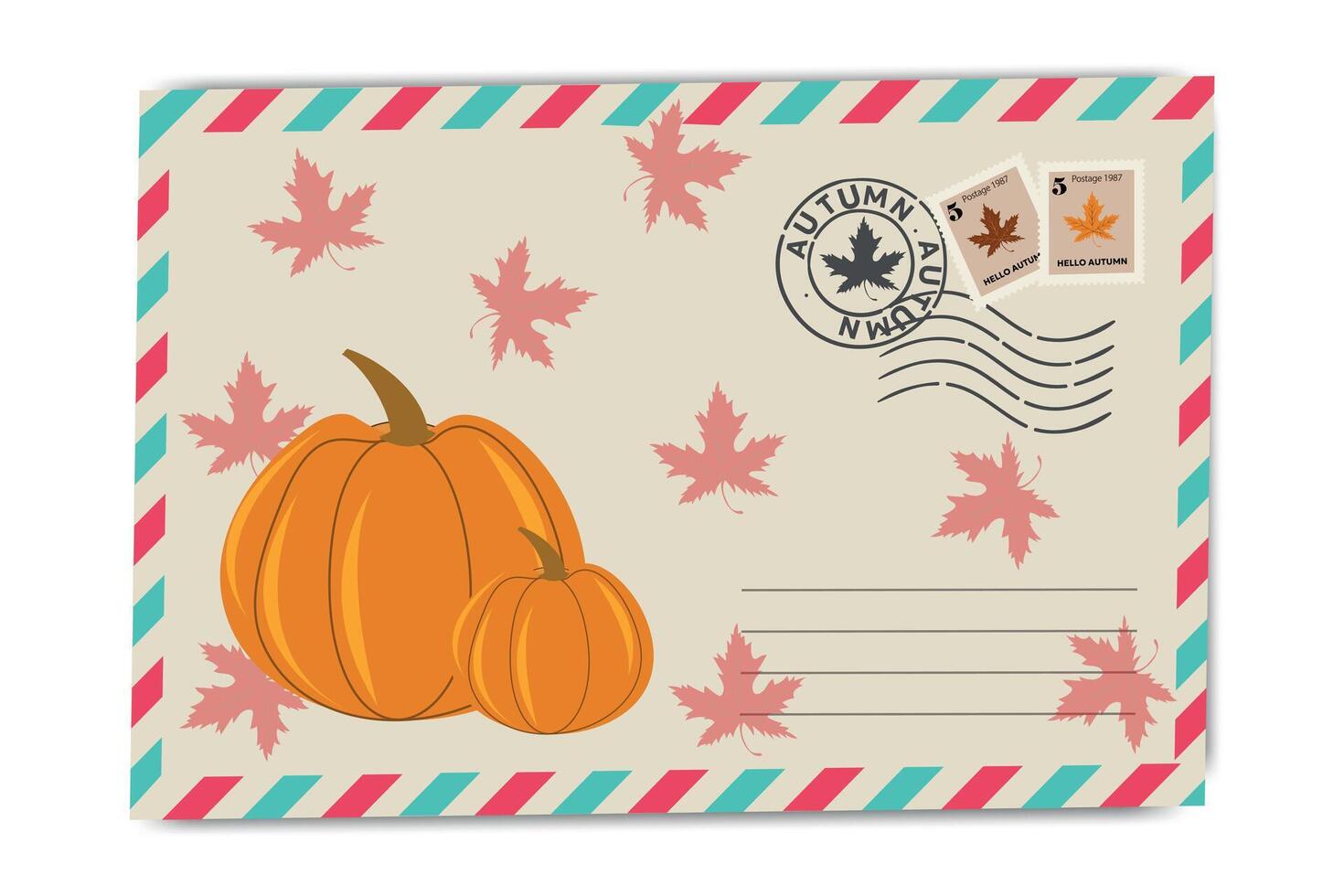 Autumn envelope with pumpkin illustration, maple leaves, and seasonal postage stamps for fall greetings vector