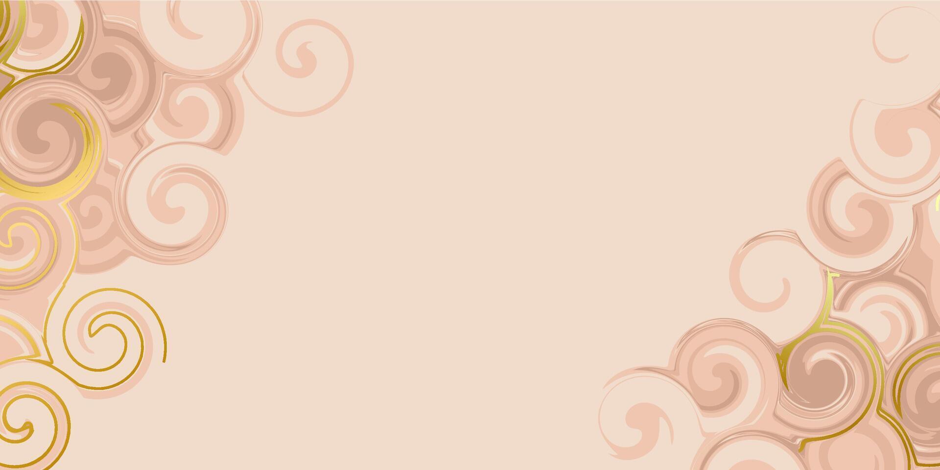 Nude tan fluid swirl horizontal background with golden elements to create a trendy cover. Beige texture for web design. vector
