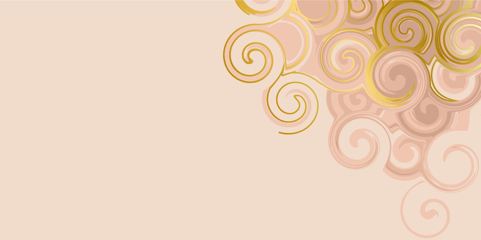 Nude tan fluid swirl horizontal background with golden elements to create a trendy cover. Beige texture for web design. vector