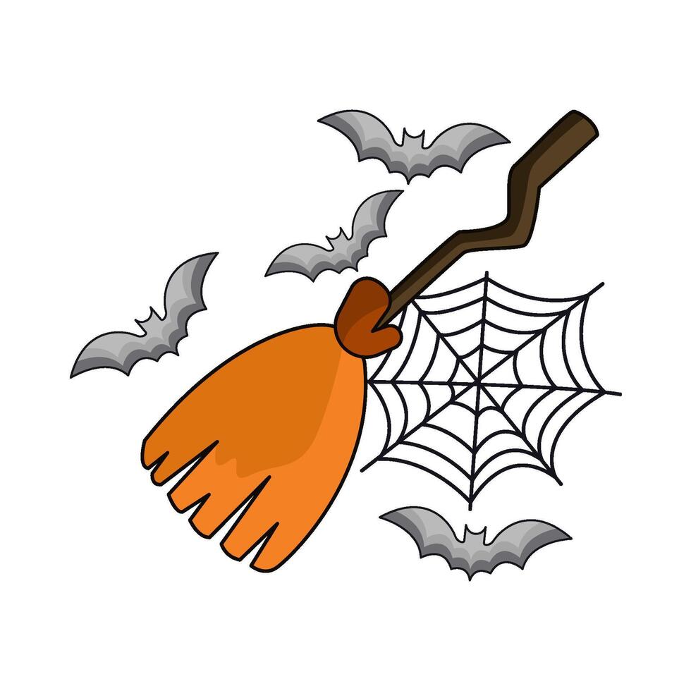 witch broom with bat and spider web illustration vector