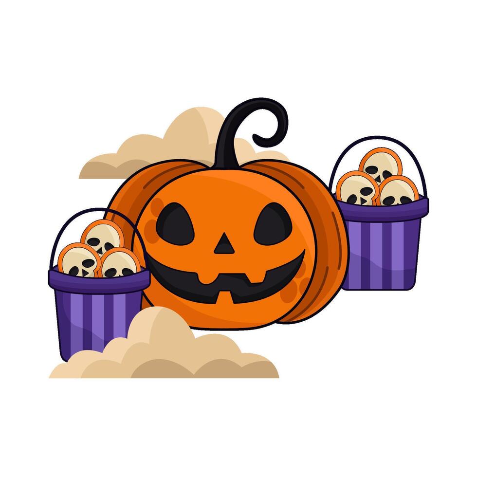 halloween pumpkin with skull illustration vector