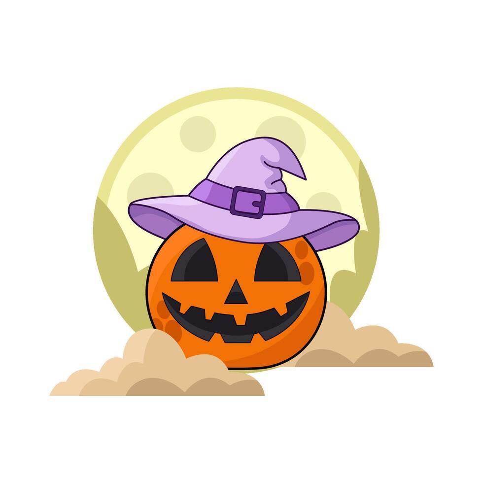 illustration of halloween pumpkin with hat and moon vector
