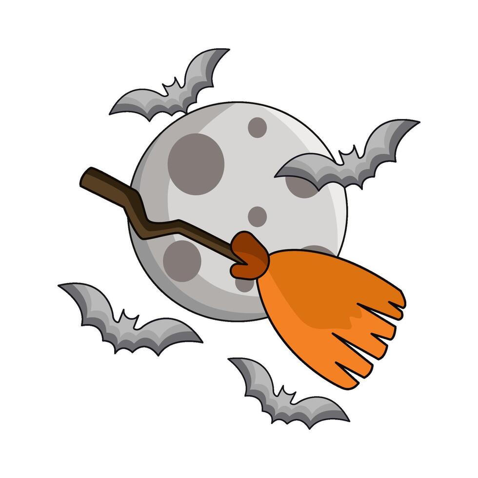 witch broom with bat and moon web illustration vector