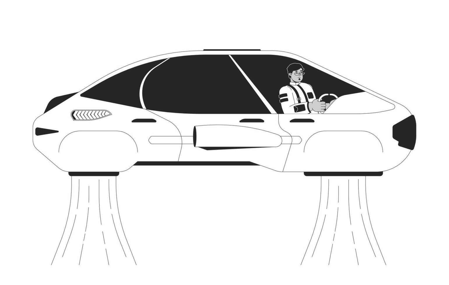 Future flying car driver black and white line illustration. Pilot scifi man driving futuristic vehicle 2D linear character isolated. Futurism science fiction transport monochrome outline image vector