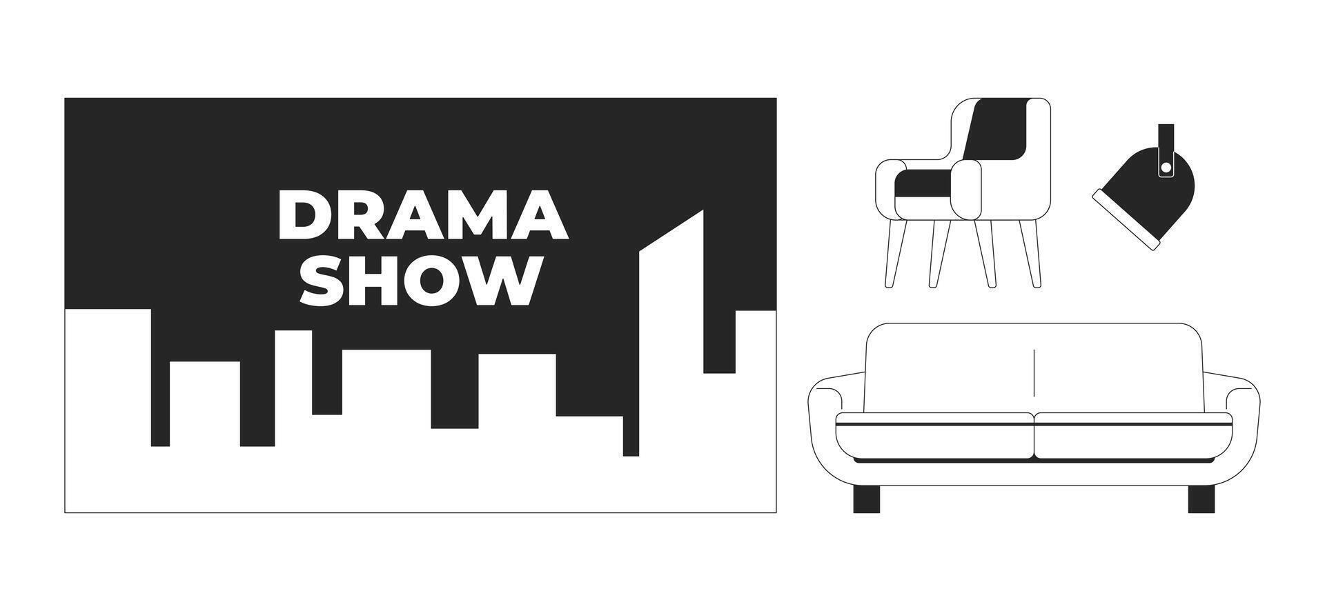 Studio equipment for talk-show broadcast black and white 2D line objects set. Drama show banner, spotlight, furniture isolated clip arts outline items collection. Monochrome spot illustrations vector