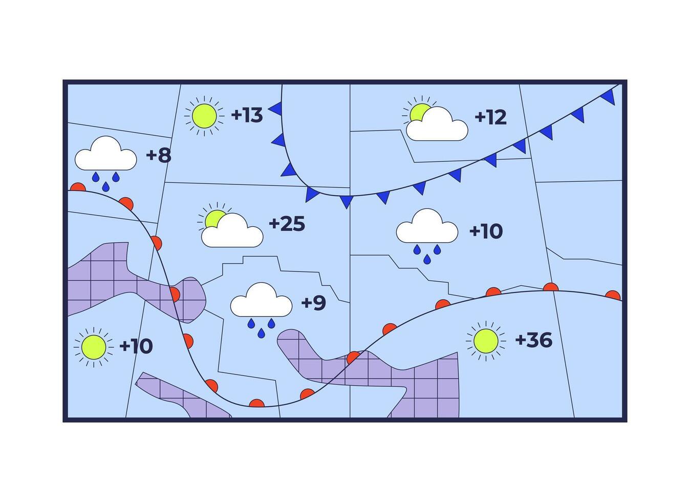 Forecast weather map 2D cartoon object. Meteorology predicting precipitation, temperature. Reporting weather conditions isolated element flat clipart on white background. Spot illustration vector
