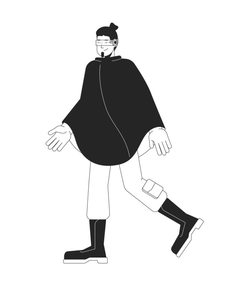 Neon futuristic raincoat man wearing future glasses black and white 2D line character. Techwear guy caucasian walking isolated outline person. Futurism fashion. Monochromatic spot illustration vector