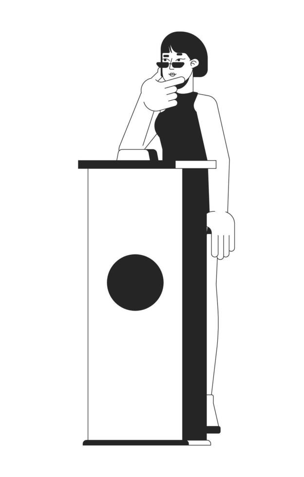 Trivia show contestant korean woman contemplating black and white 2D line character. Asian female standing behind buzzer podium isolated outline person. Monochromatic spot illustration vector