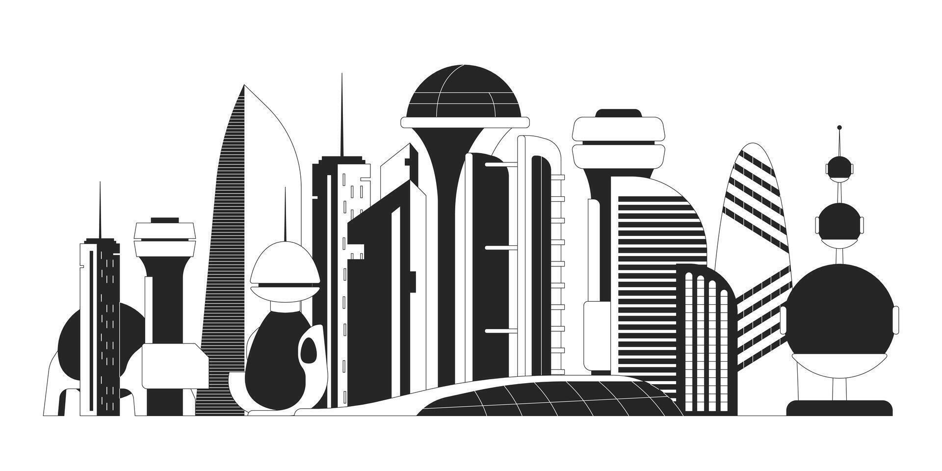Futuristic architecture futurism city black and white line illustration. Scifi buildings town 2D linear cityscape isolated. Future skyscrapers. Science fiction downtown monochrome outline image vector