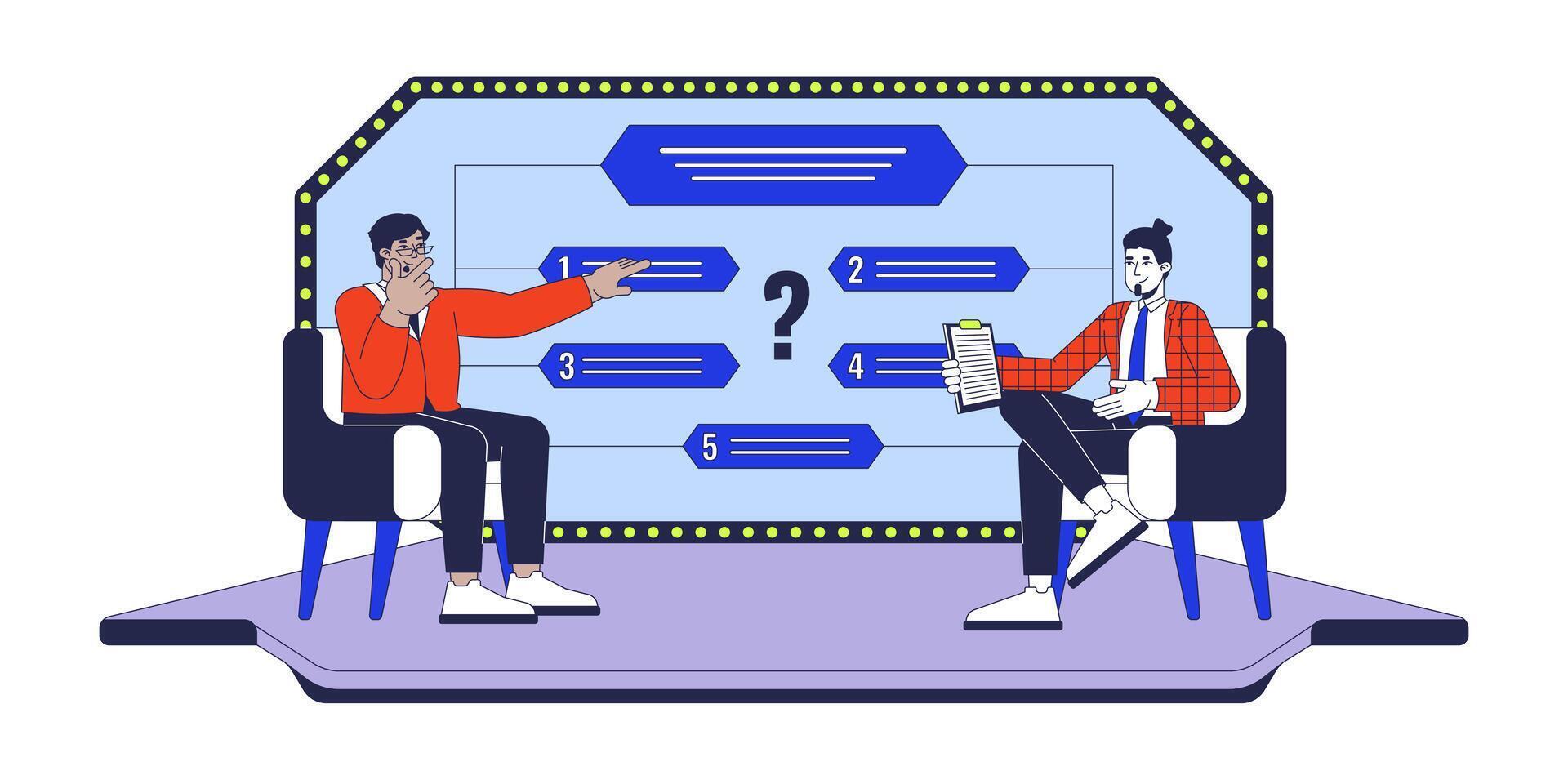 Television game show studio with host and contestant 2D cartoon characters. Diverse men sitting in armchairs isolated people flat on white background. Quiz trivia. Spot illustration colorful vector