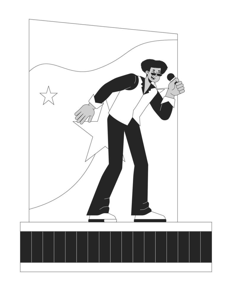 Hispanic male singer microphone holding on stage black and white 2D line character. Sing popular music concert. Retro-styled musician isolated outline person. Monochromatic spot illustration vector