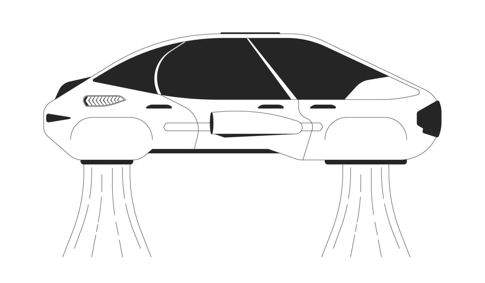 Flying car driverless black and white 2D line object. Futuristic transport. Futurism autonomous vehicle isolated clip art outline item. Future transportation. Monochromatic spot illustration vector
