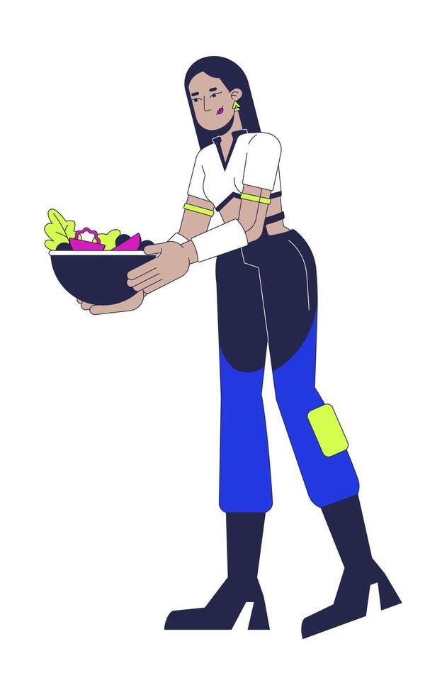 Futuristic woman holding salad bowl 2D cartoon character. Middle eastern female serving meal healthy food isolated person flat on white background. Vegan lunch. Spot illustration colorful vector