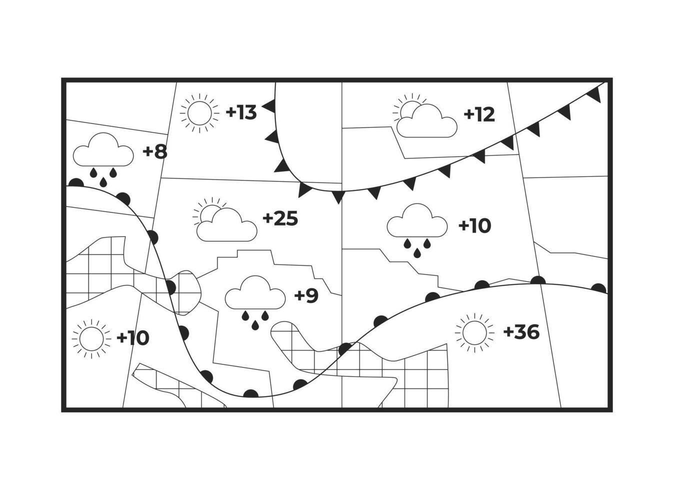 Forecast weather map black and white 2D line object. Meteorology predicting precipitation, temperature. Report weather conditions isolated clip art outline item. Monochromatic spot illustration vector