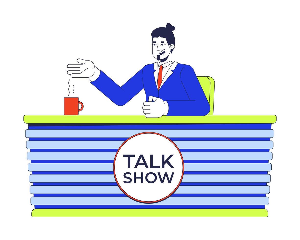 Smiling talk show host sitting at panel table 2D cartoon character. Television program presenter man with steaming mug isolated person flat on white background. Spot illustration colorful vector