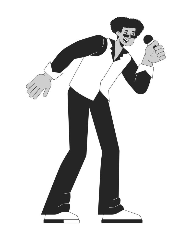 Retro male singer singing microphone black and white 2D line character. Funky performer 70s. Disco styled hispanic man holding mic isolated outline person. Monochromatic spot illustration vector