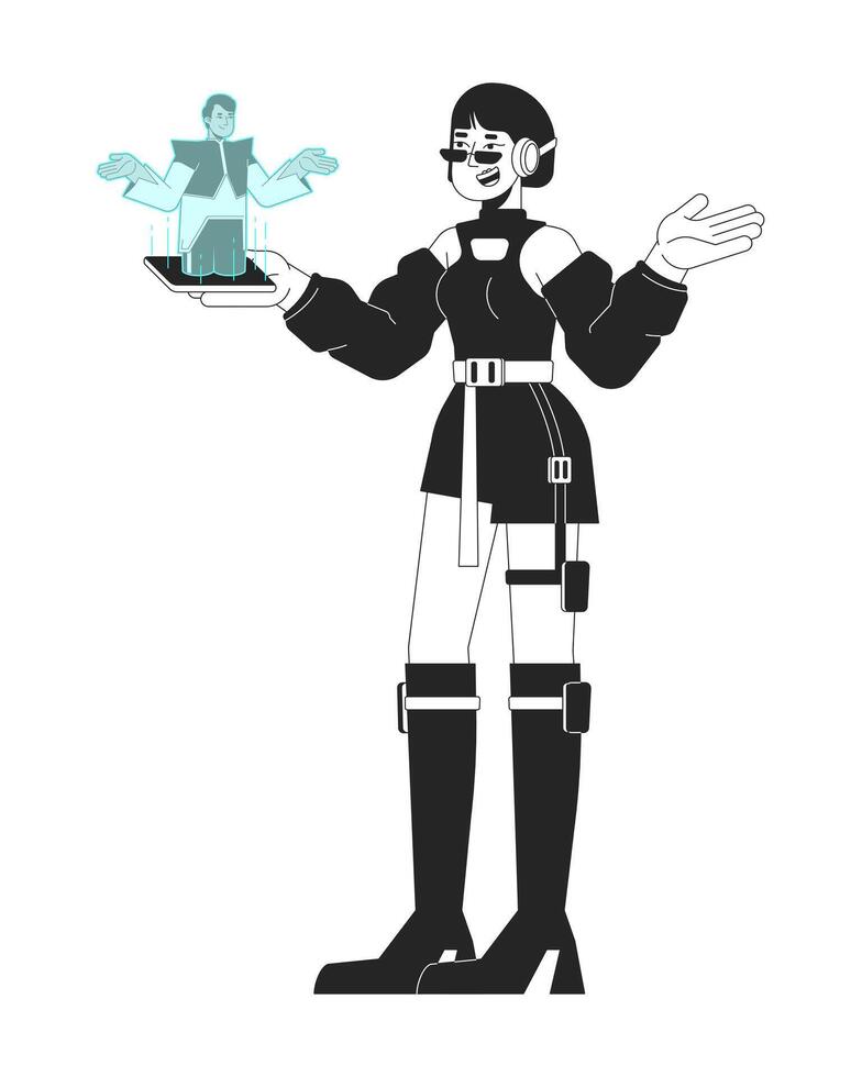 Holographic phone call black and white line illustration. Hologram technology. Futuristic woman talking cellphone 2D linear character isolated. AR chat friend monochrome outline image vector