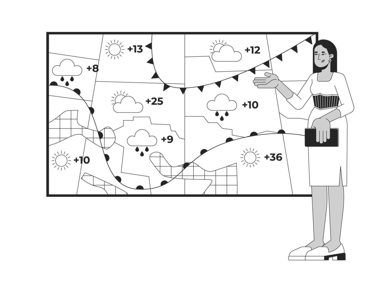 Weather presenter woman forecasting precipitations, temperature black and white 2D line character. Female meteorologist reporting news isolated outline person. Monochromatic spot illustration vector