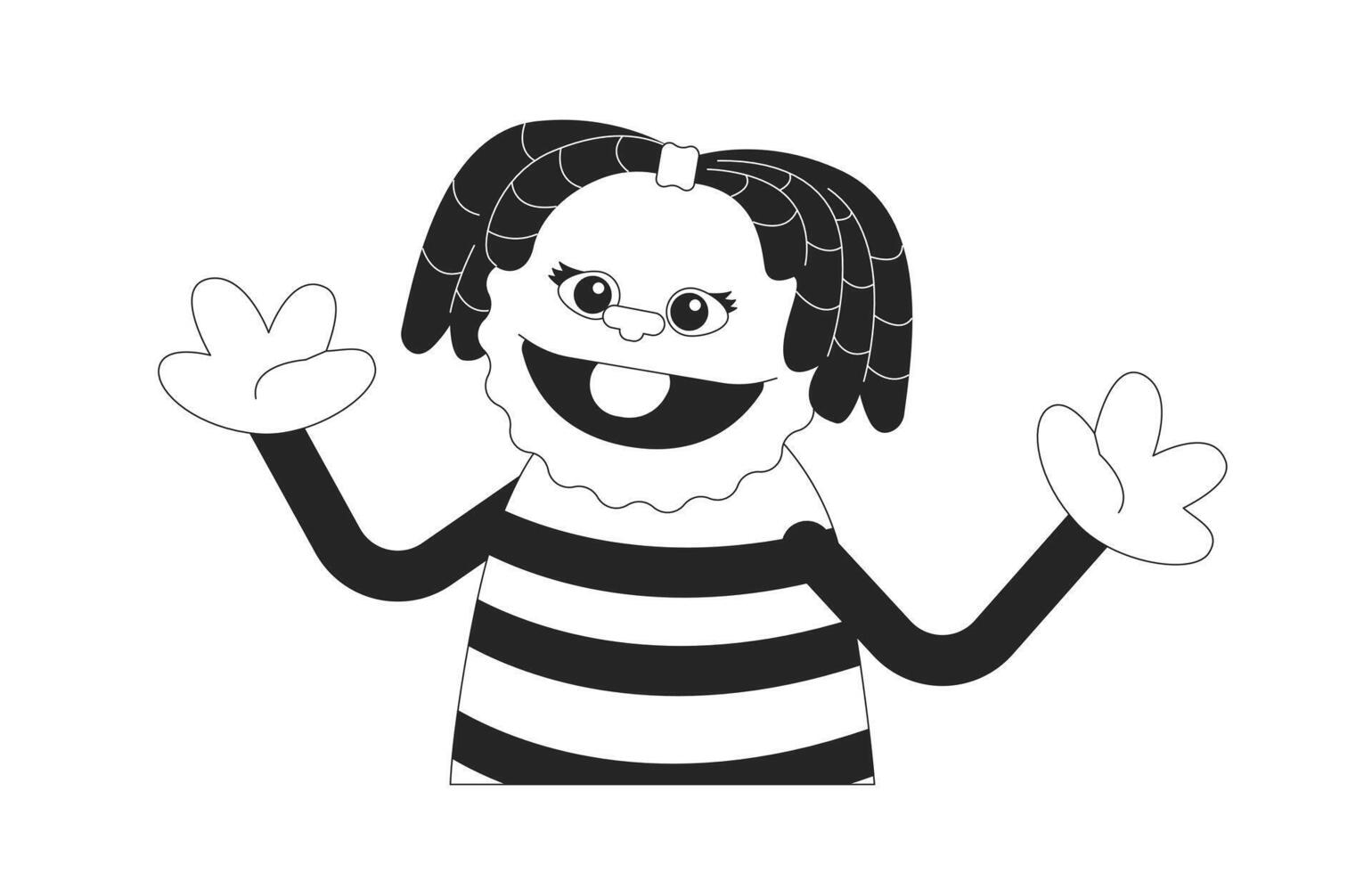 Hand puppet anthropomorphic girl black and white 2D line character. Theater doll isolated outline personage. Marionette toy cheerful smiling. Childhood. Monochromatic spot illustration vector