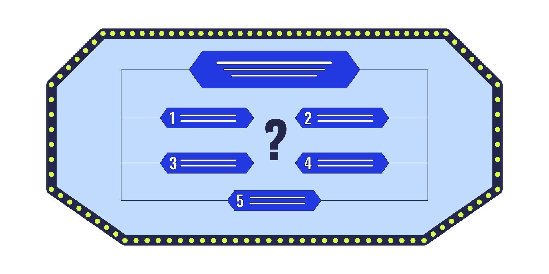 Quiz show display with question choices 2D cartoon object. Trivia competition screen isolated element flat clipart on white background. Intellect challenge options answer. Spot illustration vector