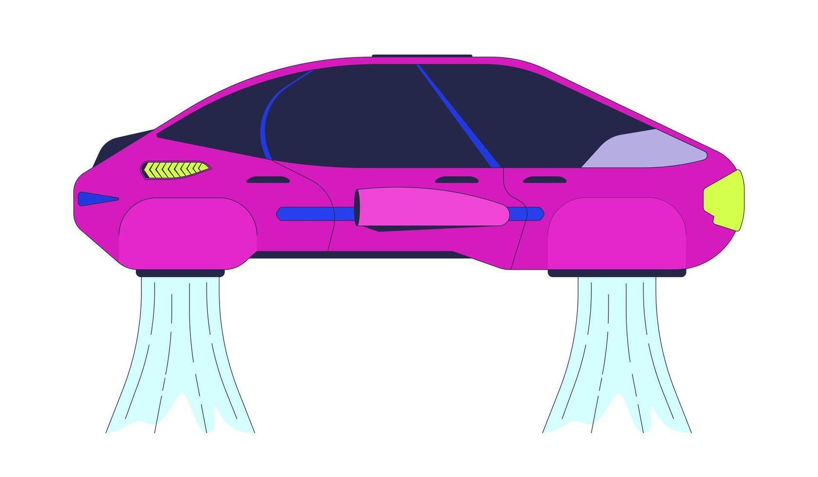 Flying car driverless 2D cartoon object. Futuristic transport. Futurism autonomous vehicle isolated element flat clipart on white background. Future transportation unmanned. Spot illustration vector