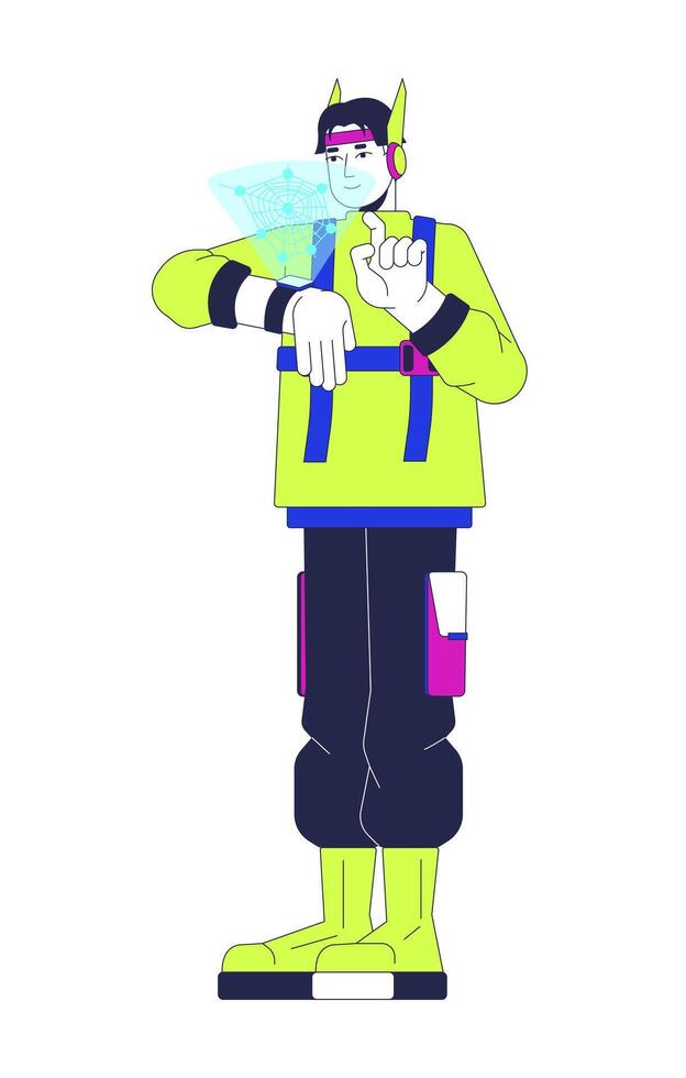 Hologram wrist watch futuristic man cartoon flat illustration. Futurism techwear asian guy using wristwatch 2D character isolated on white background. Holographic technology scene color image vector