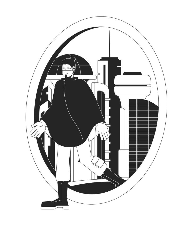Cyberpunk man futuristic teleportation black and white line illustration. Scifi citizen walking out portal door 2D linear character isolated. Future technology teleport monochrome outline image vector
