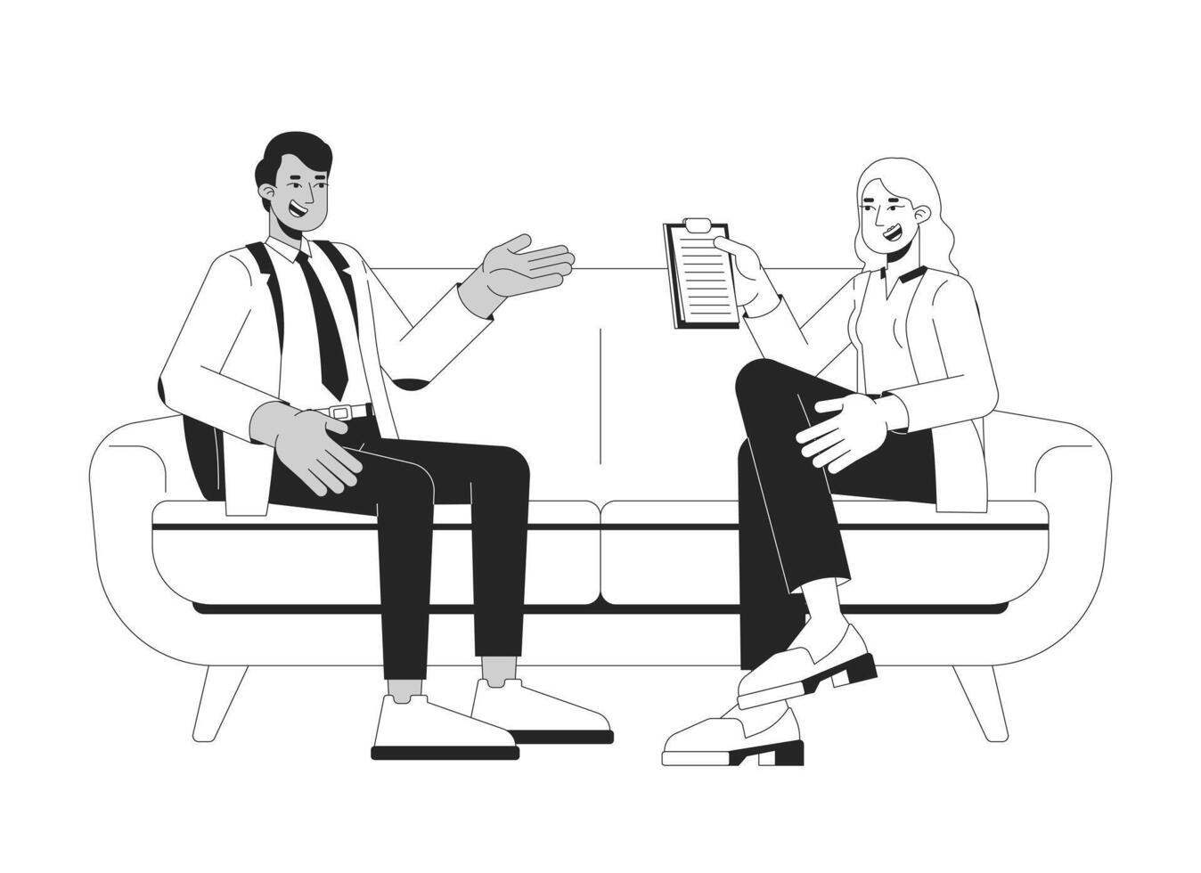 Female interviewer conducting interview job candidate black and white 2D line characters. Blonde woman interviewing indian man on couch isolated outline people. Monochromatic spot illustration vector