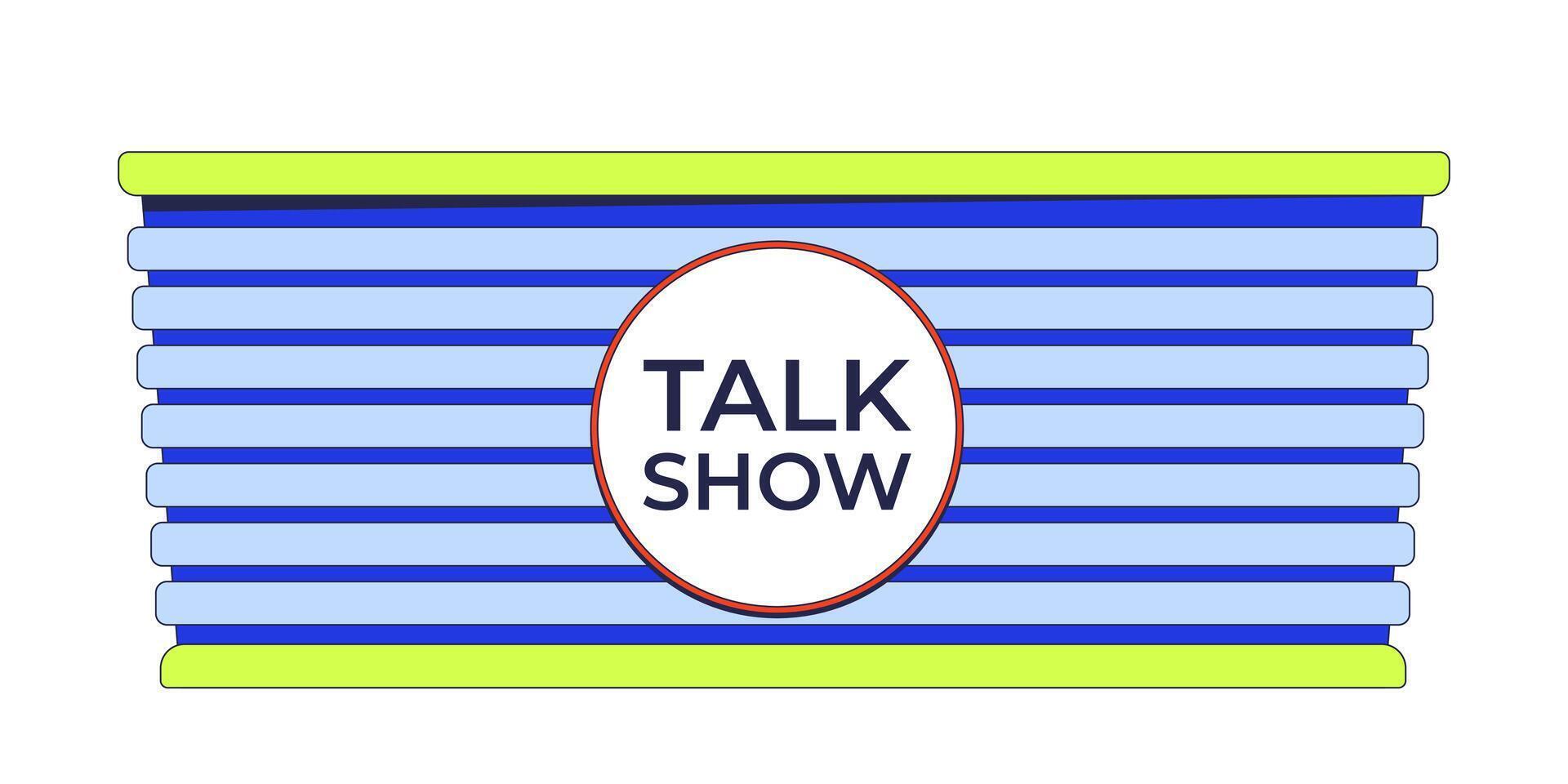 Talk show panel table 2D cartoon object. Television program broadcast desk isolated element flat clipart on white background. TV entertainment broadcasting equipment. Spot illustration vector