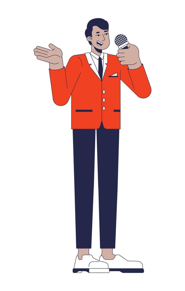 Indian male presenter speaking into microphone 2D cartoon character. Talking anchorman holding mic isolated person flat on white background. TV host gesturing. Spot illustration colorful vector
