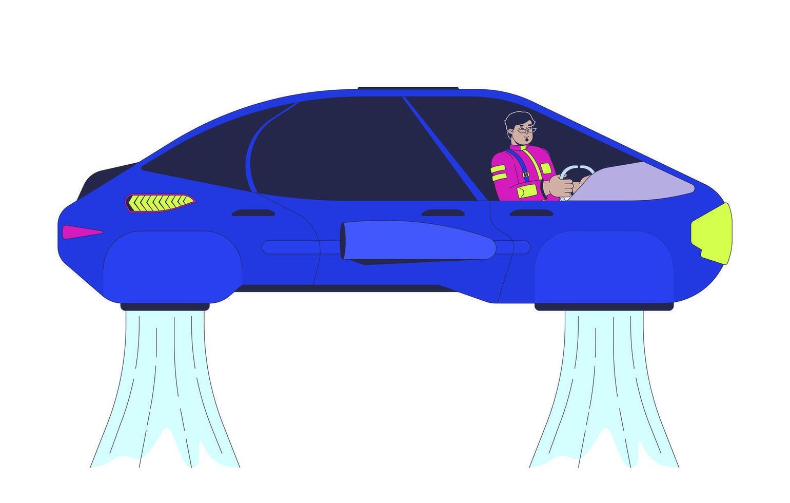 Future flying car driver cartoon flat illustration. Pilot scifi man driving futuristic vehicle 2D character isolated on white background. Futurism science fiction transport scene color image vector