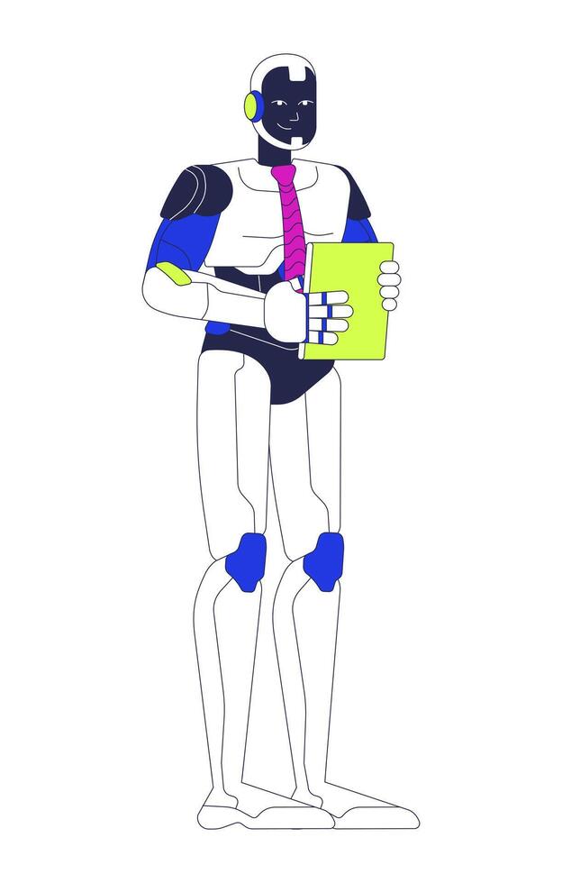 Robot office worker cartoon flat illustration. Robotics tie employee holding paperwork 2D character isolated on white background. Futuristic corporate assistant technology scene color image vector
