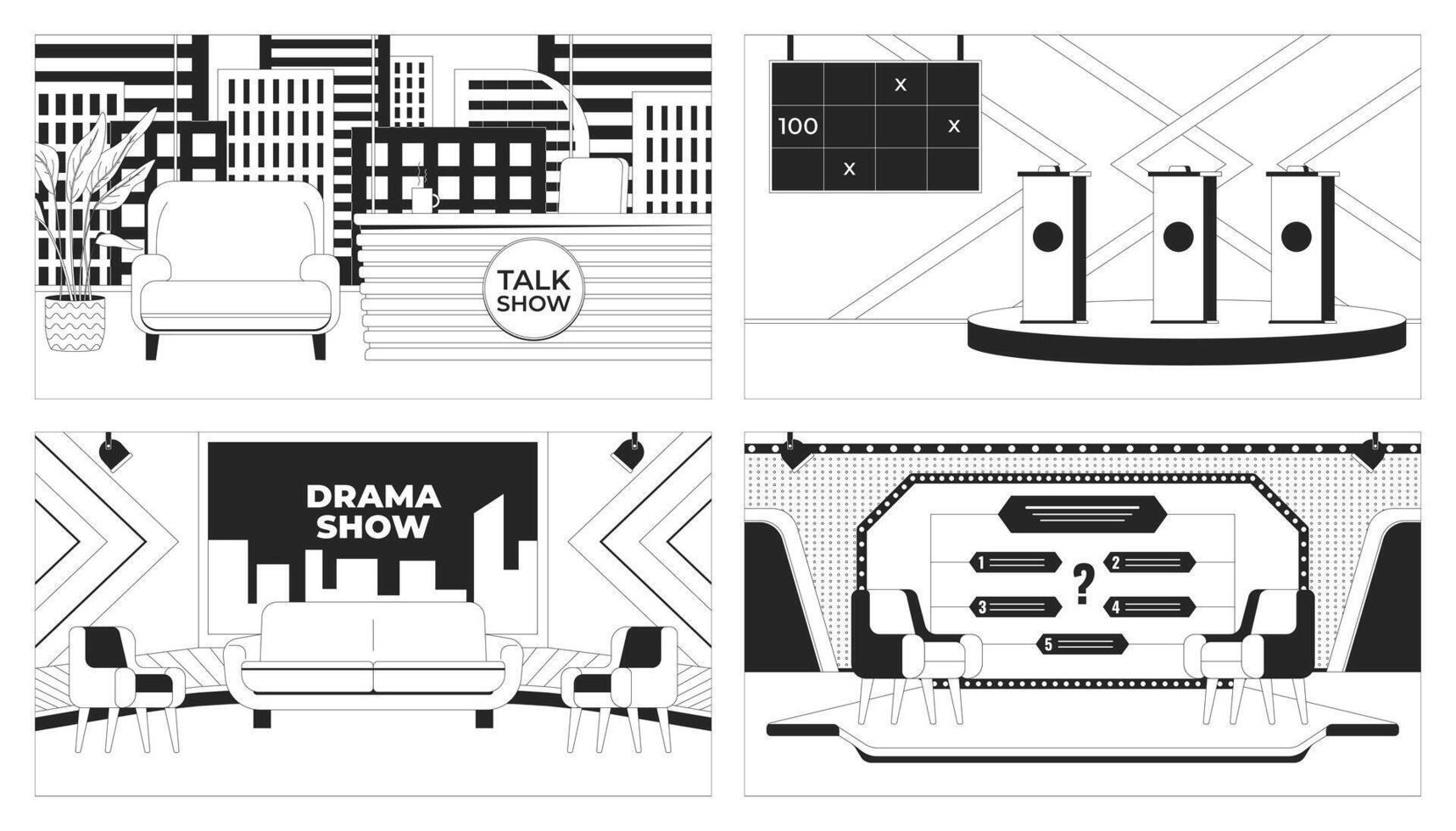 Entertainment TV shows studio setups black and white line illustrations set. Television broadcasting 2D interiors monochrome backgrounds. Drama, games programs outline images collection vector