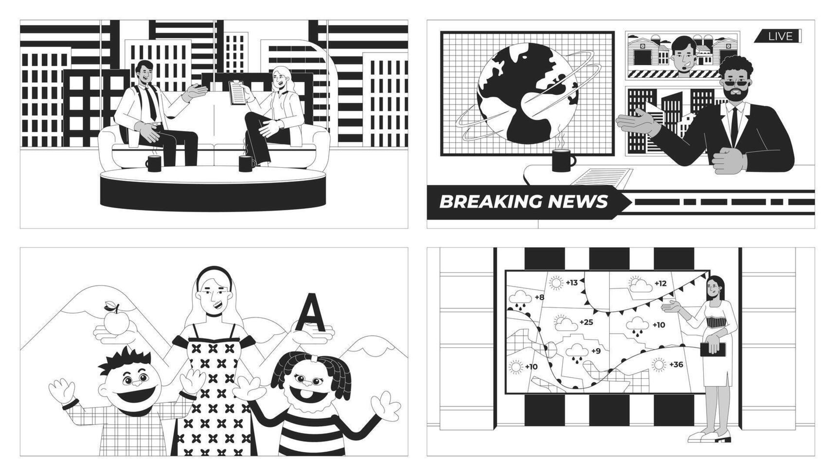 TV news and shows black and white line illustrations set. Puppets, weather girl, anchorman 2D characters monochrome backgrounds. Television broadcast programs outline scenes images collection vector
