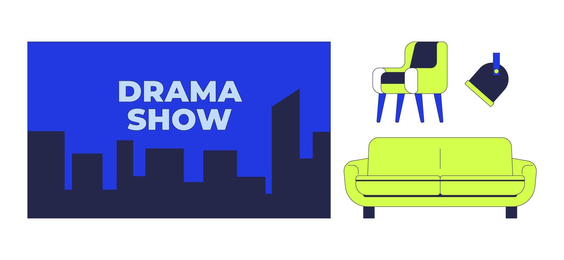 Studio equipment for talk-show broadcast 2D cartoon objects set. Drama show banner, spotlight, couch armchair isolated elements flat cliparts on white background. Spot illustrations collection vector