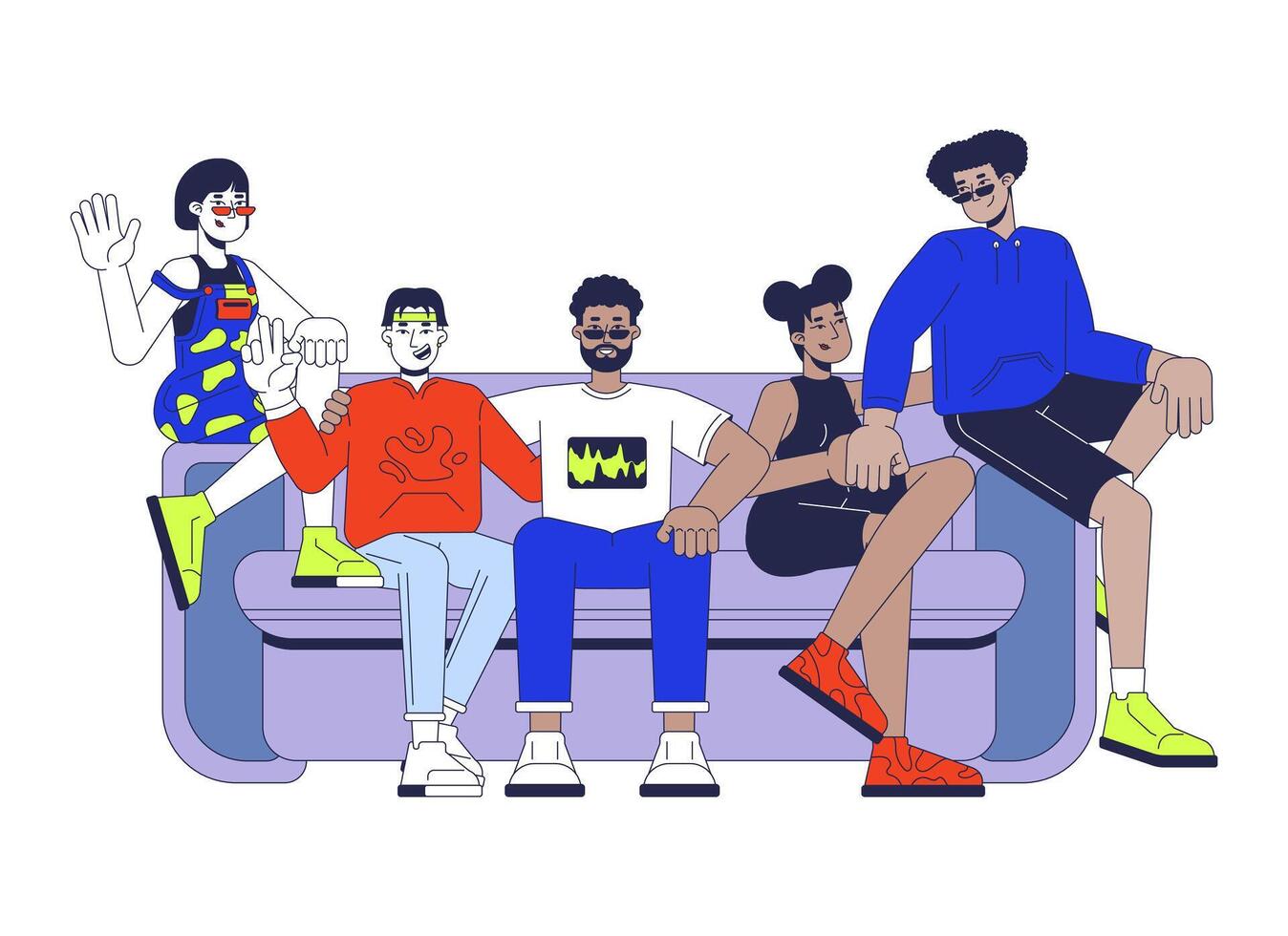 Best friends group sitting on couch 2D cartoon characters. Multicultural young adults isolated people flat on white background. Friendship women men roommates. Spot illustration colorful vector