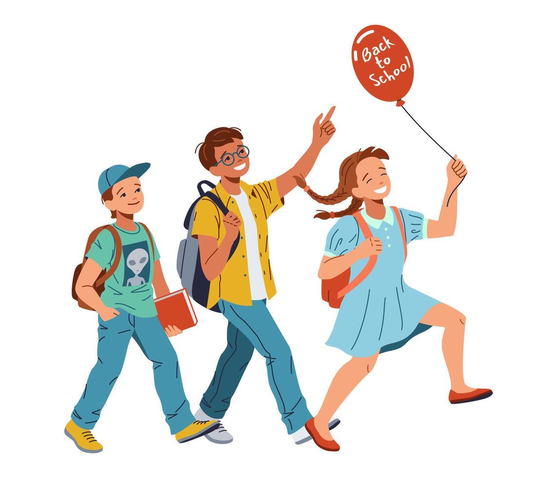 Happy kids with balloon walk to school flat color illustration. Cheerful junior schoolchildren with backpacks cartoon composition on white vector