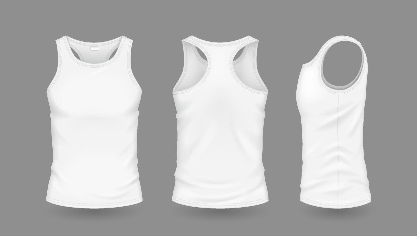 White men tank tops with brand mockup reasonable outline set. Sports attire with plan layout 3d models on dim foundation vector