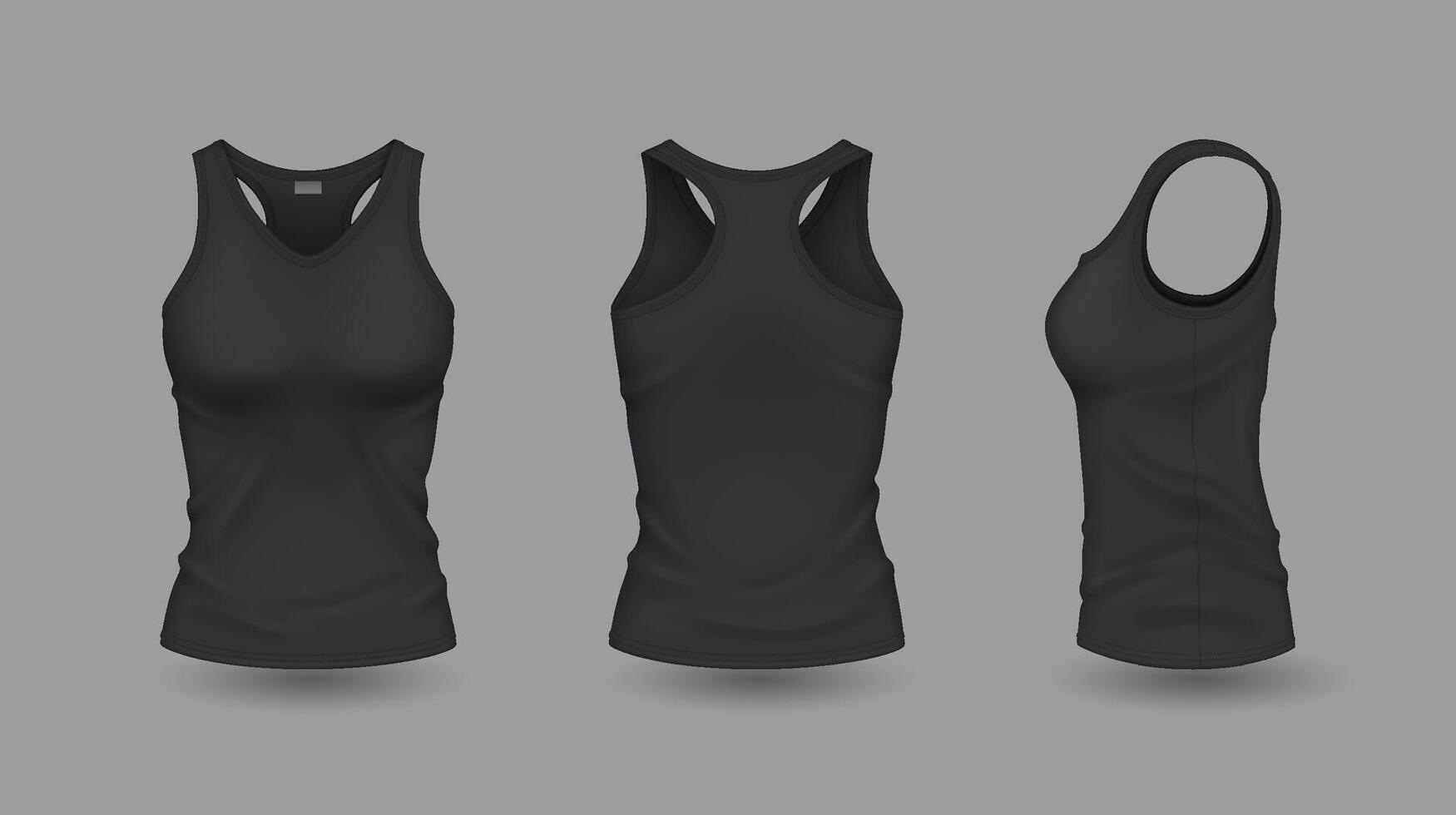 Dark women sleeveless shirts with symbol mockup reasonable outline set. Summer furnish with symbol format 3d models on dim foundation vector