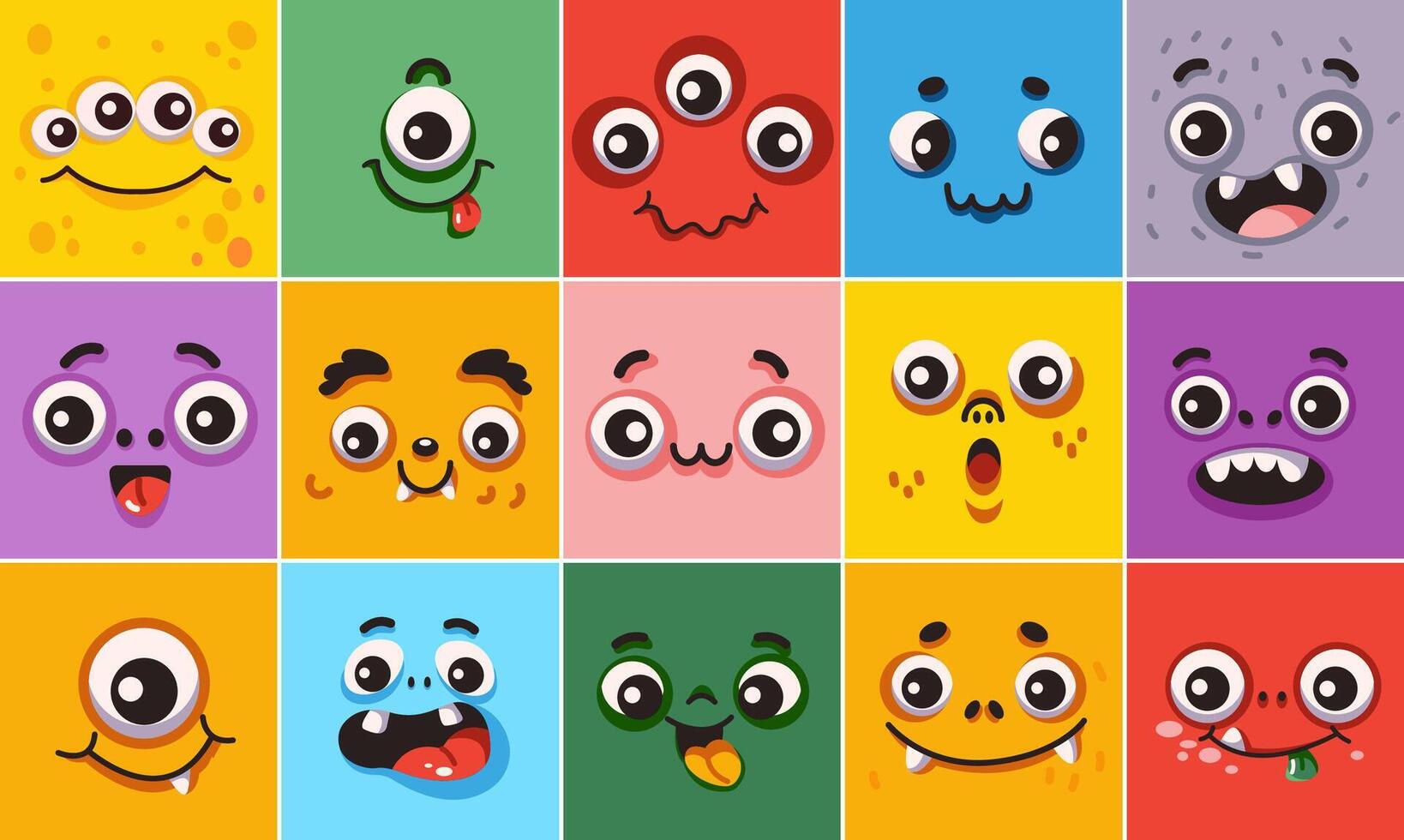 Childish creatures faces in multicolor squares level color symbols set. Phenomenal mammoths looks outline pack. Amusing avatars collection vector