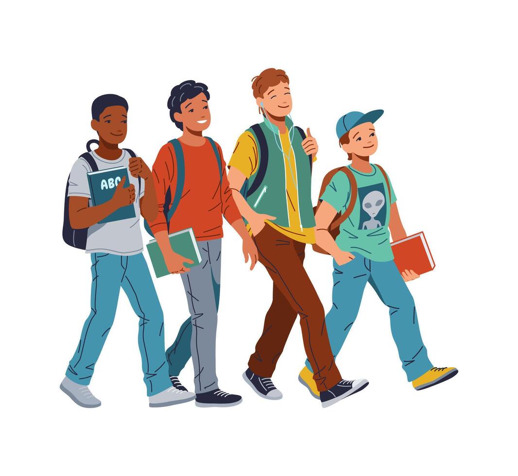 Happy multiethnic boys going to school flat color illustration. Teenage students group walking together to lesson concept icon on white vector